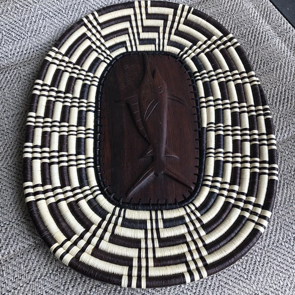 Handmade Woven Coil Tribal Oval‎ Wood Embossed Swordfish Tray Wall Basket